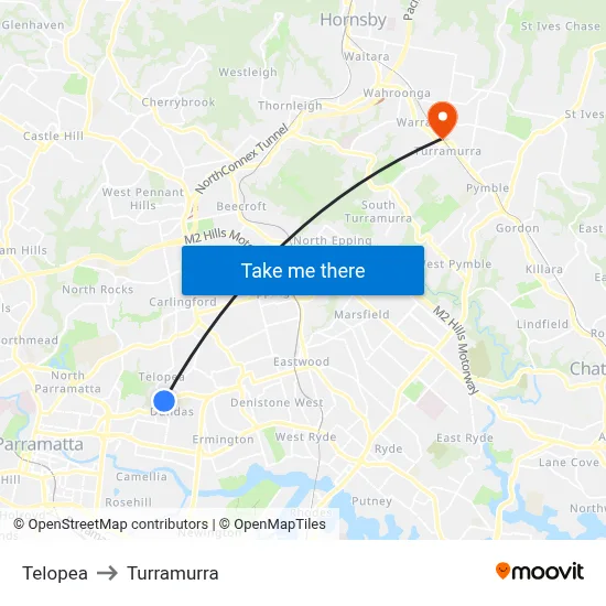 Telopea to Turramurra map