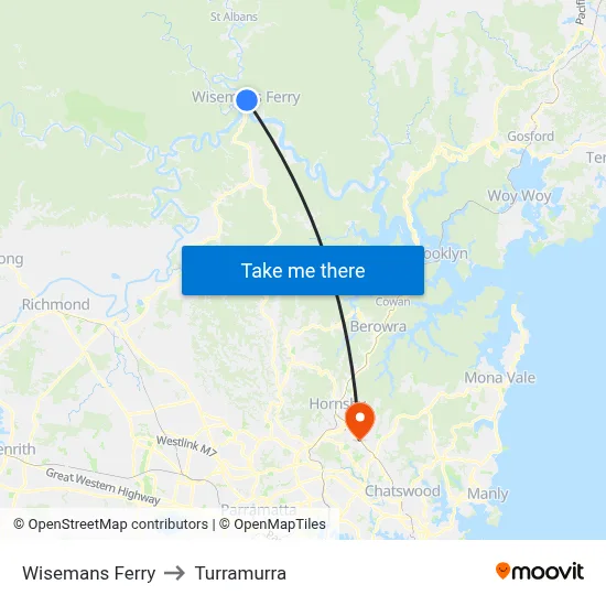 Wisemans Ferry to Turramurra map
