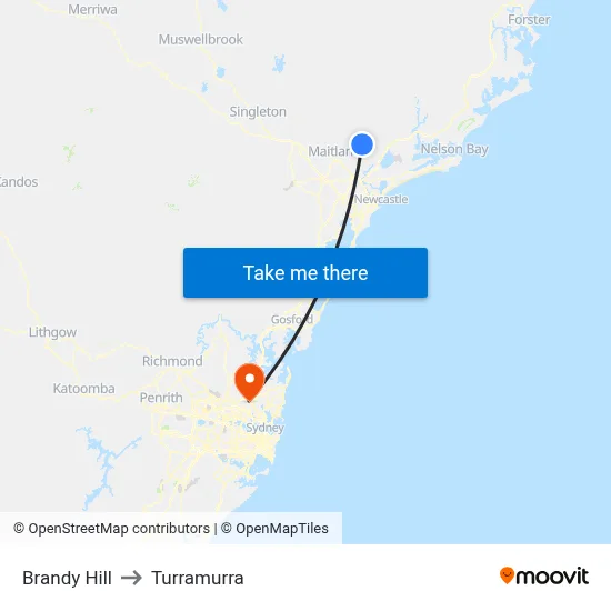 Brandy Hill to Turramurra map