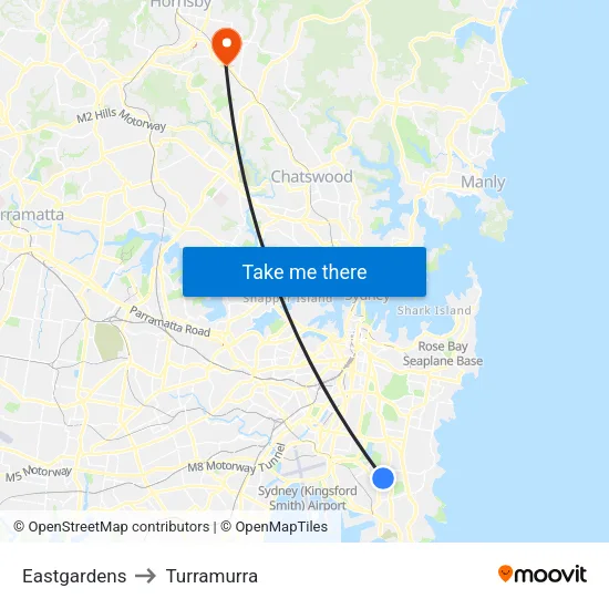 Eastgardens to Turramurra map