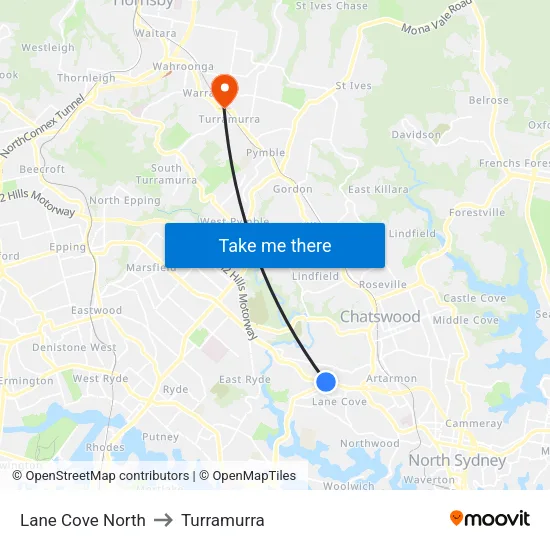 Lane Cove North to Turramurra map
