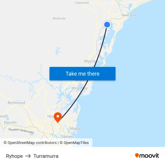 Ryhope to Turramurra map