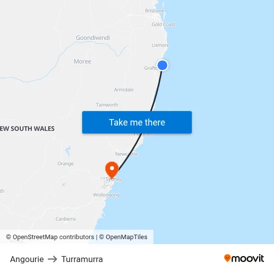 Angourie to Turramurra map