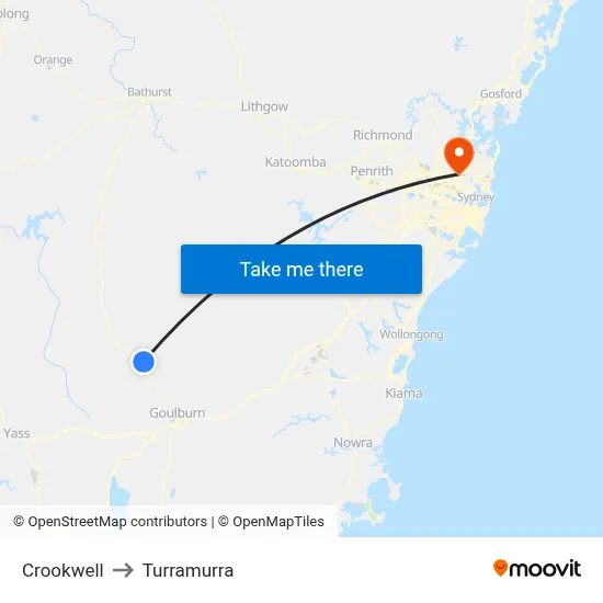 Crookwell to Turramurra map