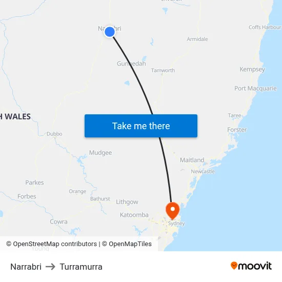 Narrabri to Turramurra map