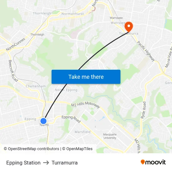 Epping Station to Turramurra map