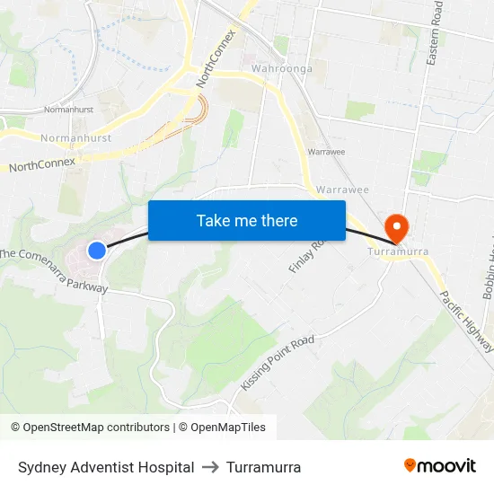 Sydney Adventist Hospital to Turramurra map