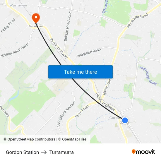 Gordon Station to Turramurra map