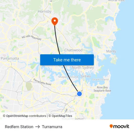Redfern Station to Turramurra map