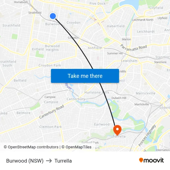 Burwood (NSW) to Turrella map