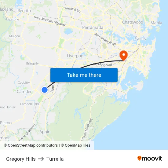 Gregory Hills to Turrella map