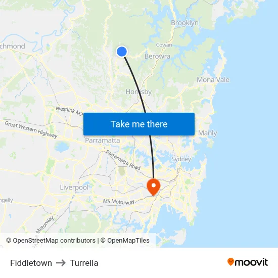 Fiddletown to Turrella map