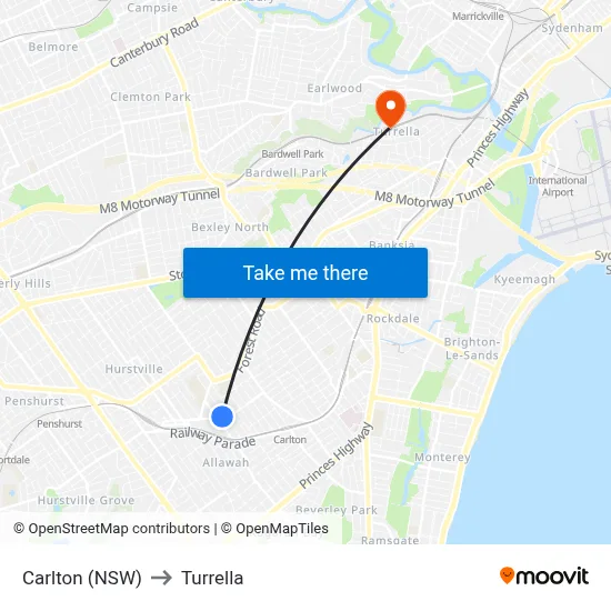 Carlton (NSW) to Turrella map