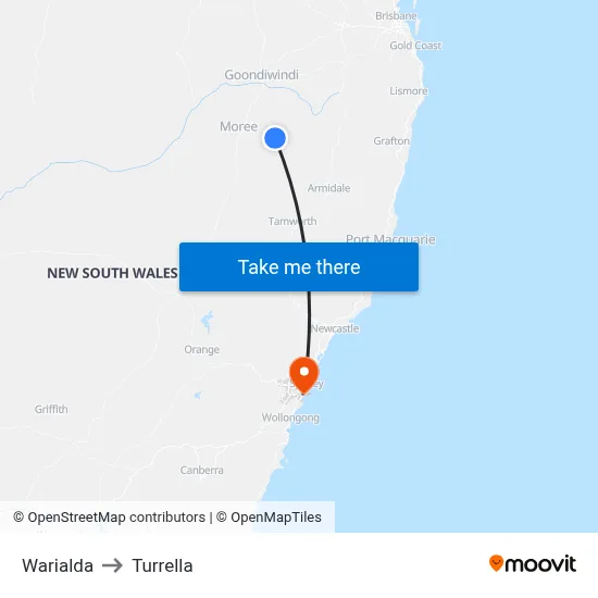 Warialda to Turrella map