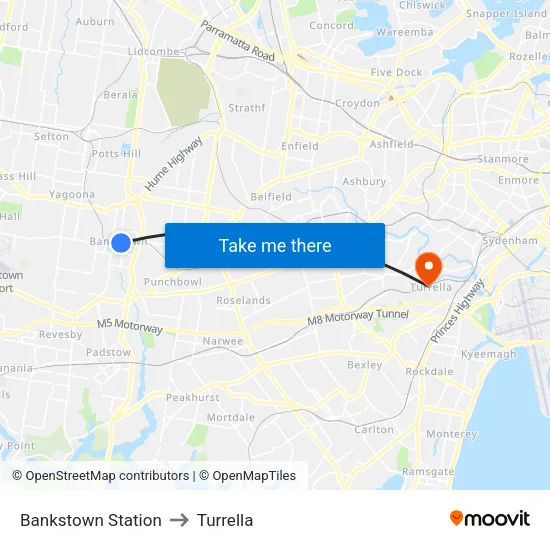 Bankstown Station to Turrella map