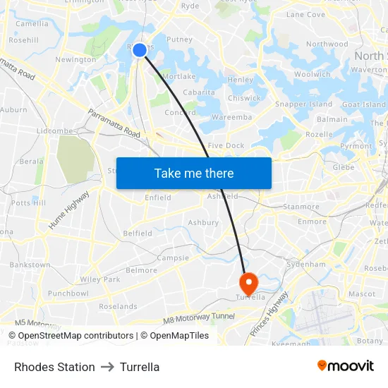Rhodes Station to Turrella map