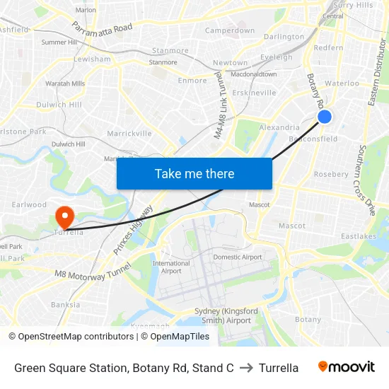 Green Square Station, Botany Rd, Stand C to Turrella map