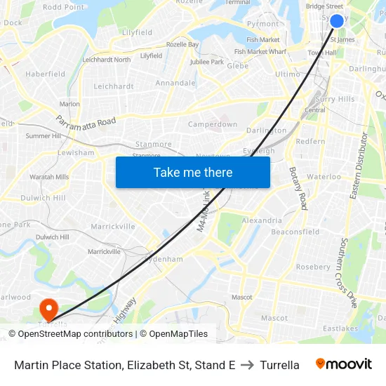 Martin Place Station, Elizabeth St, Stand E to Turrella map