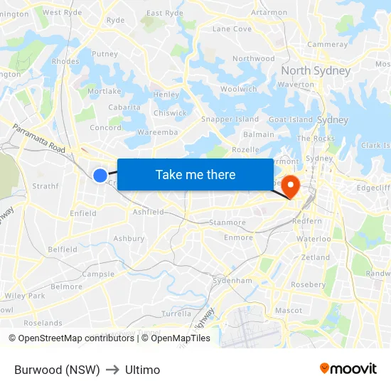 Burwood (NSW) to Ultimo map