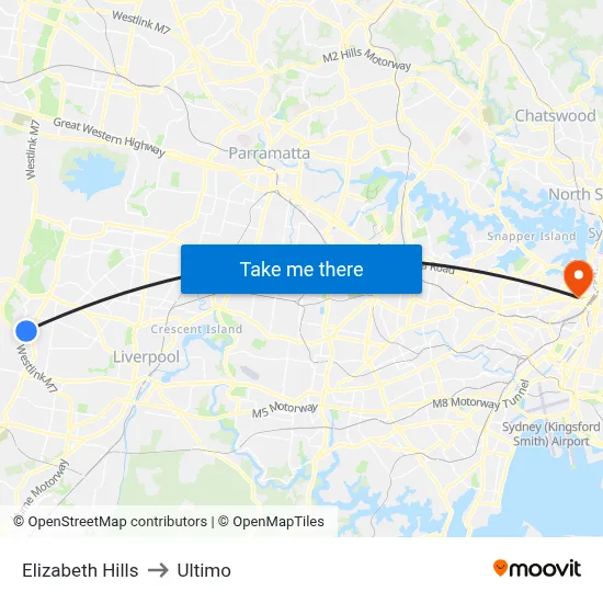 Elizabeth Hills to Ultimo map