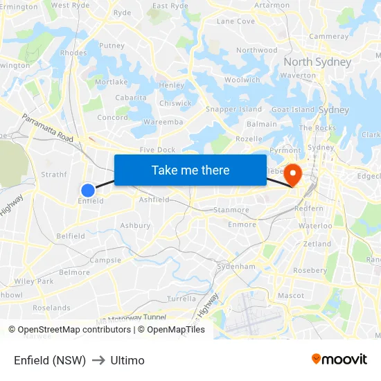 Enfield (NSW) to Ultimo map