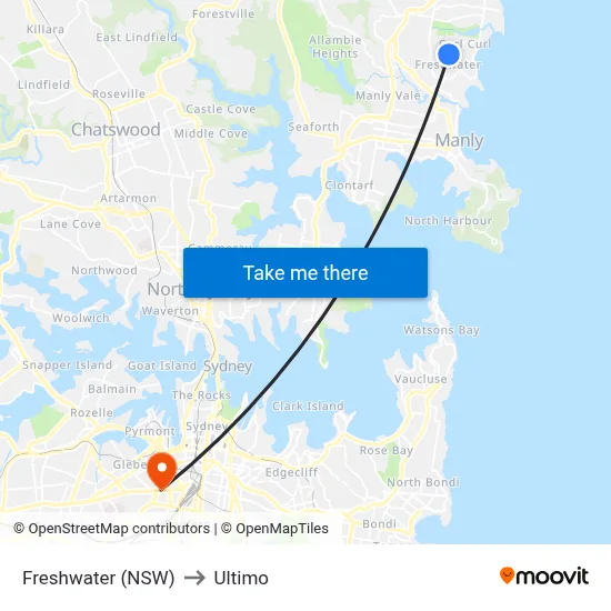 Freshwater (NSW) to Ultimo map