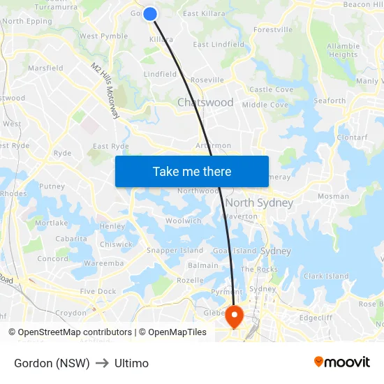 Gordon (NSW) to Ultimo map