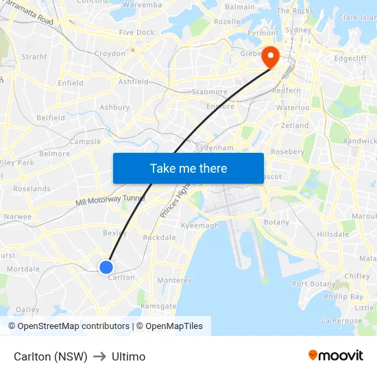 Carlton (NSW) to Ultimo map