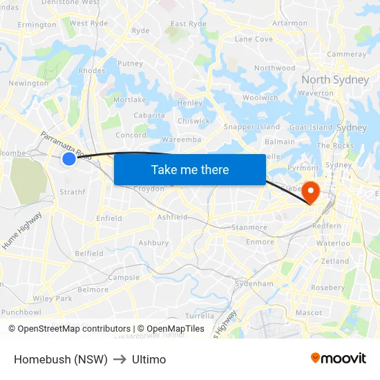 Homebush (NSW) to Ultimo map