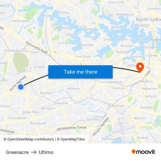 Greenacre to Ultimo map