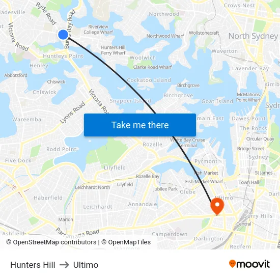 Hunters Hill to Ultimo map