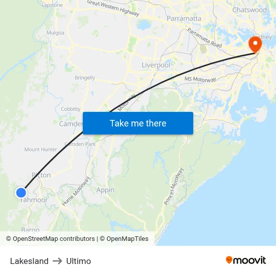 Lakesland to Ultimo map