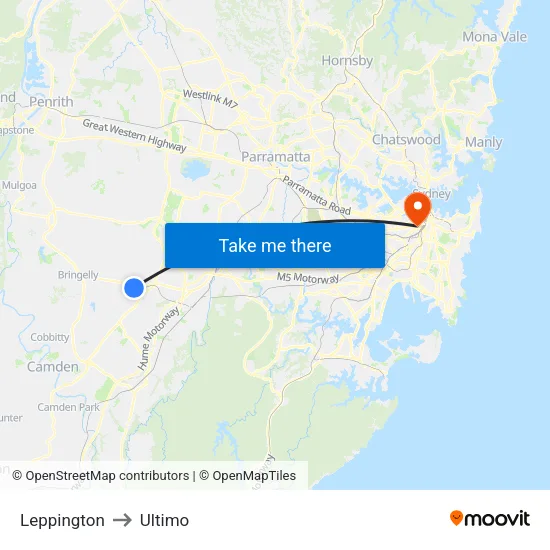 Leppington to Ultimo map