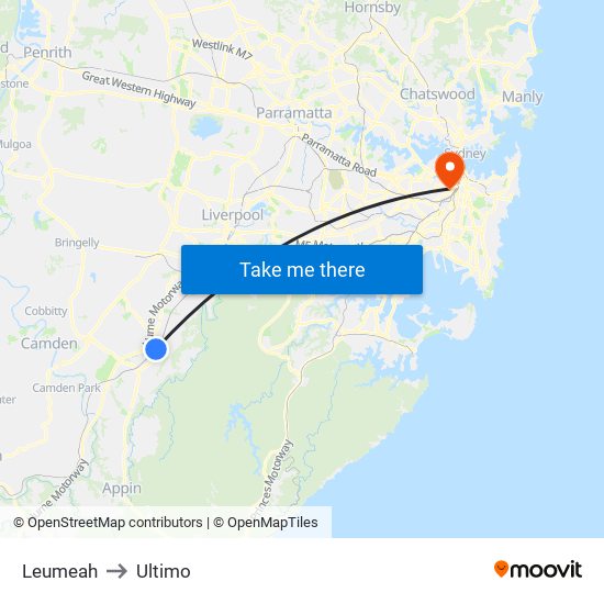 Leumeah to Ultimo map