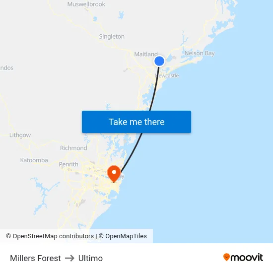 Millers Forest to Ultimo map
