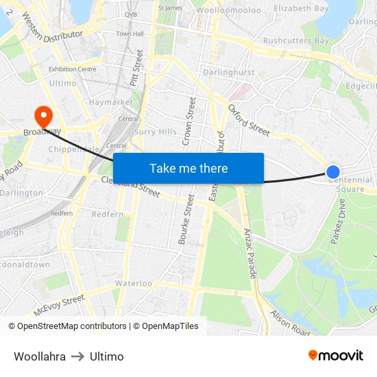 Woollahra to Ultimo map