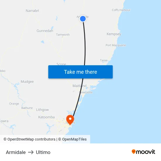 Armidale to Ultimo map