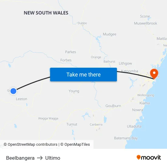 Beelbangera to Ultimo map