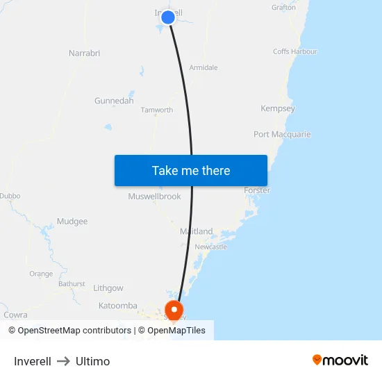 Inverell to Ultimo map