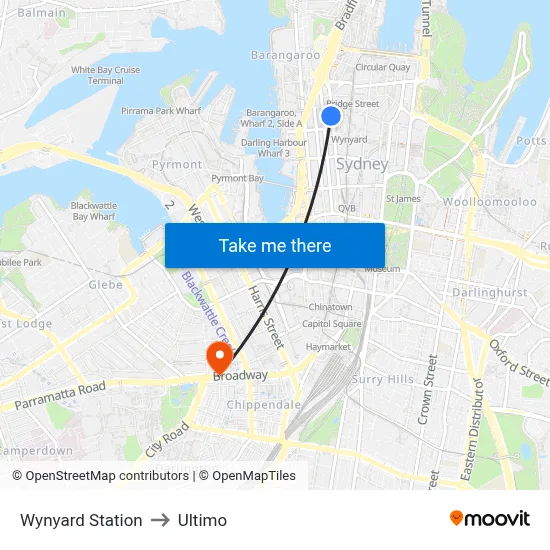 Wynyard Station to Ultimo map