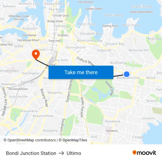Bondi Junction Station to Ultimo map