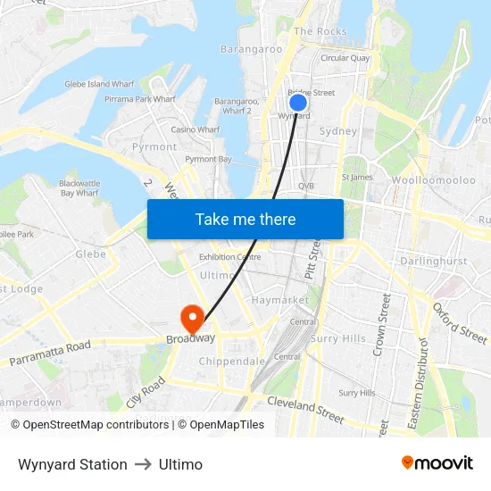 Wynyard Station to Ultimo map
