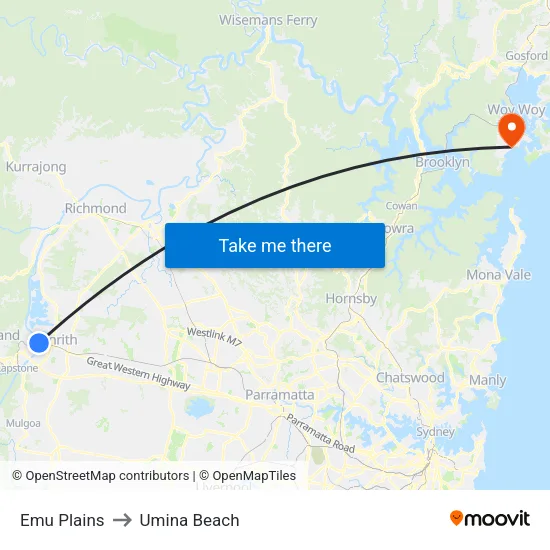 Emu Plains to Umina Beach map