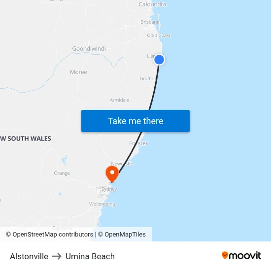 Alstonville to Umina Beach map