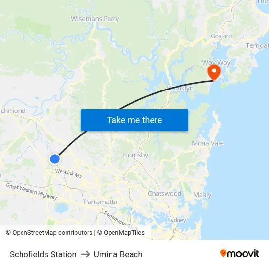 Schofields Station to Umina Beach map