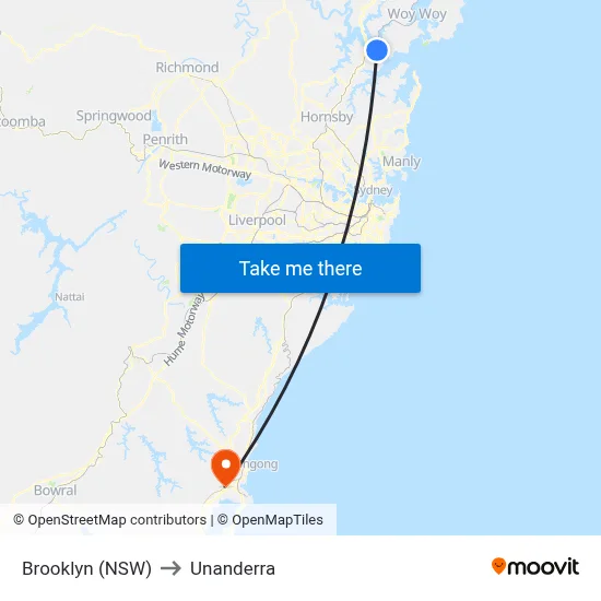 Brooklyn (NSW) to Unanderra map