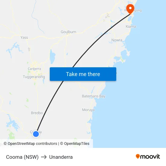 Cooma (NSW) to Unanderra map