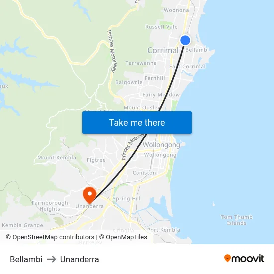 Bellambi to Unanderra map
