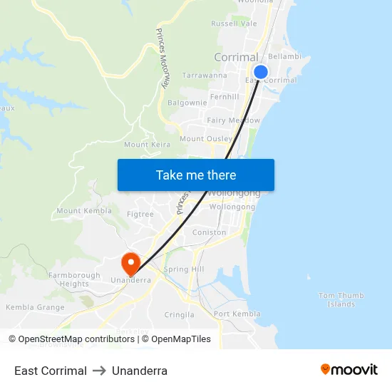 East Corrimal to Unanderra map