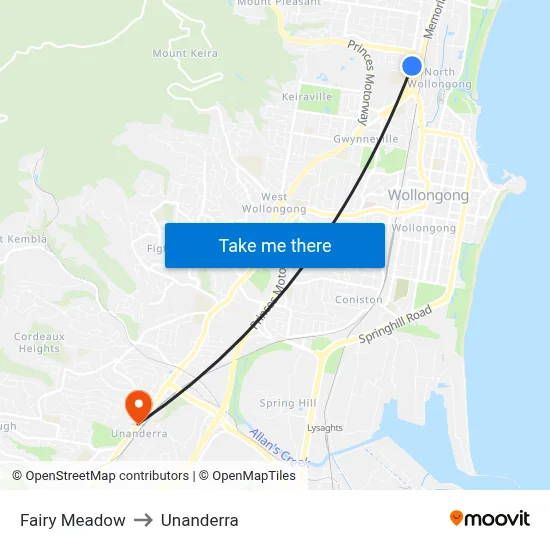 Fairy Meadow to Unanderra map